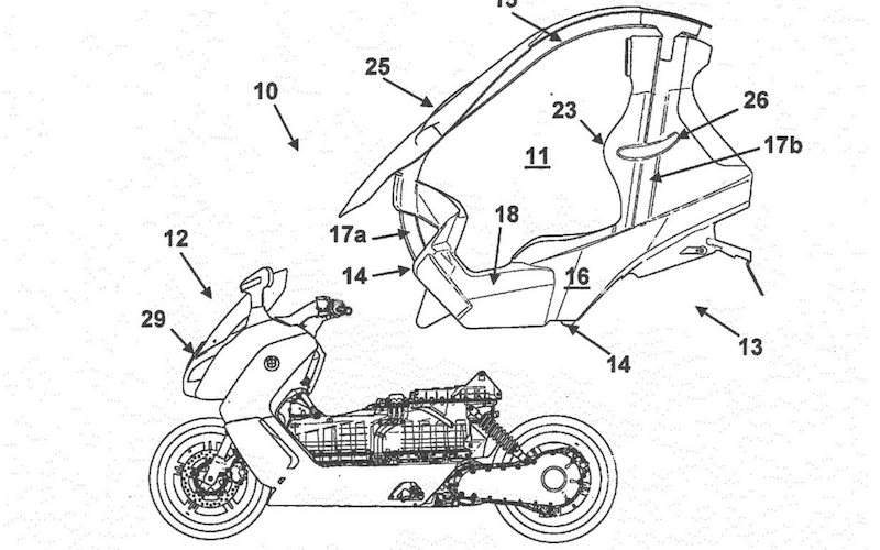 Le dessin d'un scooter électrique BMW C Evolution avec un toit